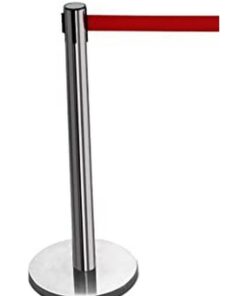Retractable Queue Barrier Pole - Red Belt - Stainless Steel - 350 x 930mm - HOSQ007RED