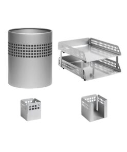 Desk Set - Square Punch Steel Range - Metal - Letter Tray - Waste Bin - Pencil Cube and Cup - Silver - 413SI