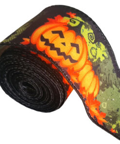 Halloween Ribbon with wired edge – Black Jack-o-lantern