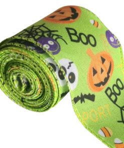 Halloween Ribbon with wired edge – Lime Bats & Spiders